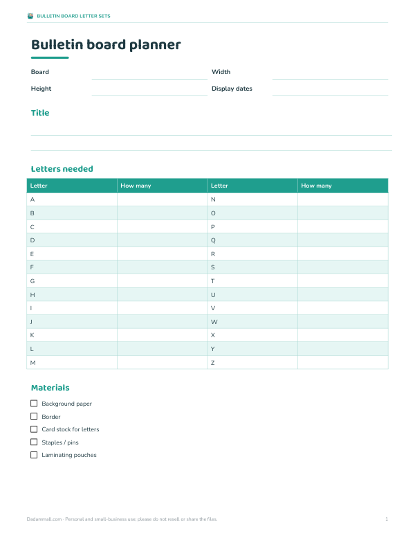 Preview of Printable Bulletin Board Letter Planner